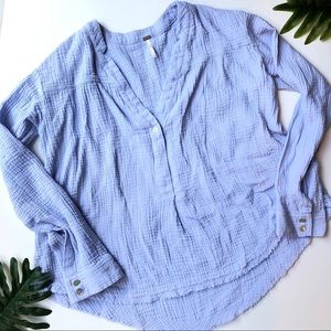 Free People Blue Henley Top Blouse M Raw Edge